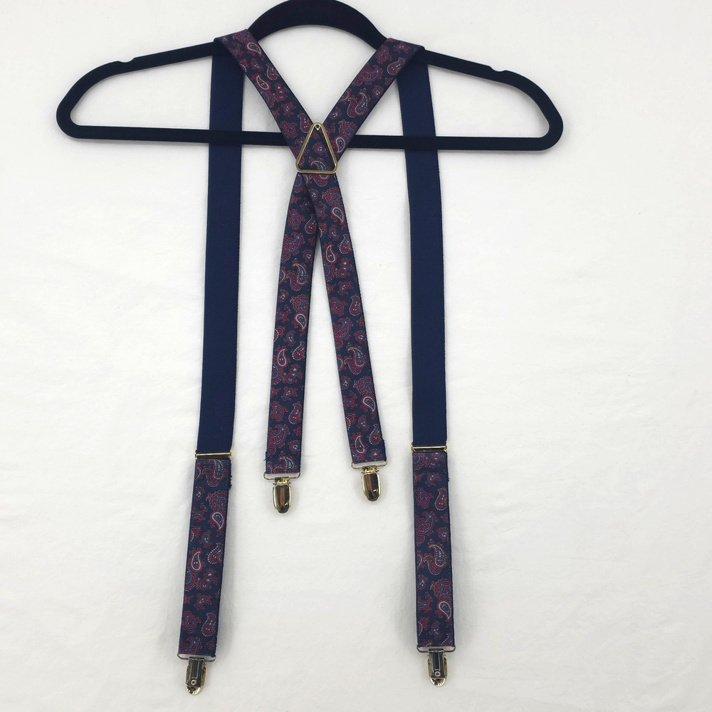 Suspenders Clip on Mens X Back Blue Paisley Stretch Elastic Gold Tone Hardware